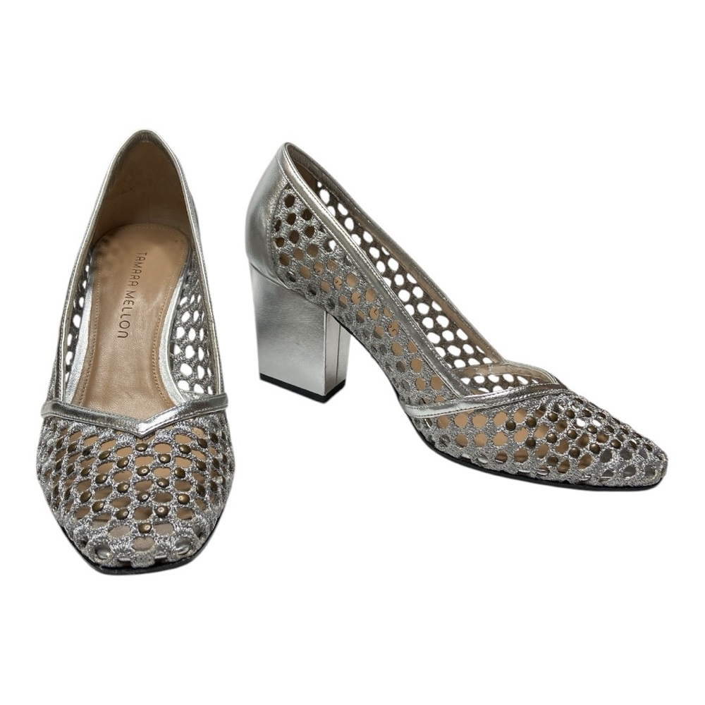 Tamara Mellon Silver Metallic Crochet and Leather Heel Size 39